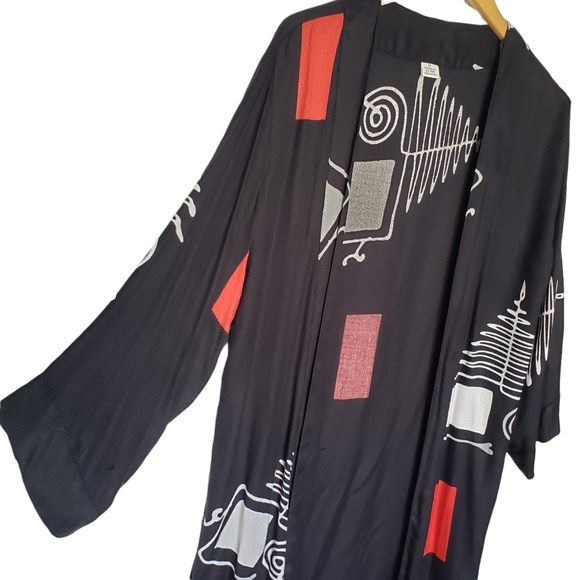Cardigan Open Front Long Black Red White Abstract Print Lightweight One Size - Picture 4 of 7